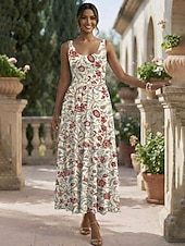 preiswerte Blumenkleider-Damen Midikleid Sommerkleid A Linie Kleid Unterkleid Faltenkleid Urlaub Lässig Boho Strand Date Normale Passform Blumen Grafik Ärmellos U-Ausschnitt Rundausschnitt Rosa Rote Grün Beige Sommer Frühling