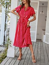 preiswerte Streifen- und geometrische Kleider-Damen Midikleid A Linie Kleid Urlaub Lässig Outdoor Ausgehen Normale Passform Tupfen Kurzarm Umlegekragen Blau Marineblau Weiß Rosa Sommer Frühling