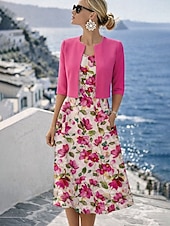 cheap Floral Dress-Women's Dress Set A Line Dress Elegant Vacation Floral Graphic Layered Print Midi Dress Half Sleeve Crew Neck Daily Yellow Pink Gray Summer Spring Regular Fit