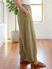 billiga Premium Linnekollektion-Dam Byxor av linne i bomull Kinesiska Sommarbyxor underbyxor Semester Streetwear Grundläggande Fullängd Medium Midja Slät Ficka Elastiskt midjeband Bekväm Komfort Microelastisk Dagligen Utomhus Gata