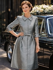 preiswerte Teelänge-Schlauchkleid Knielang Partykleid Cocktailkleid Kleid für Hochzeitsgäste Brautmutterkleid Dreiviertelarm Hemdkragen Elegant Minimalistisch Hochzeitsgast Cocktailparty Formeller Abend Stretch Satin mit