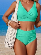 economico Bikini-Per donna Costumi da bagno Bikini Due pezzi Costume da bagno Arricciato Senza schiena Vacanza Abbigliamento da Spiaggia Semplice Scollo a V Senza Maniche Costumi da bagno