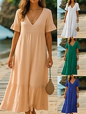 ieftine Rochie simplă-Pentru femei Rochii Midi Rochie casual Rochie din Bumbac Rochie A line Modă Modern Zilnic Plajă Vacanță Potrivire Largă Simplu Manșon scurt În V Albastru piscină Alb Portocaliu Trifoi Vară Primăvară