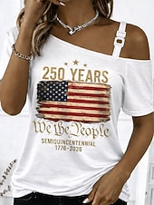  T-shirt Femme Patriote Journée de l'Indépendance Anniversaire Américain Imprimé Graphique Drapeau Américain Vintage Fashion Élégant À Manches Courtes Une Épaule Hauts Quotidiens