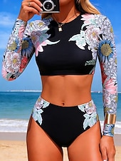 tanie Zestawy bikini-Damskie Stroje kąpielowe Bikini 2 szt Majtki Kostium kąpielowy Szczupła Odkryte plecy Urlop Stroje plażowe Kwiaty Okrągły dekolt Długi rękaw Kostiumy kąpielowe