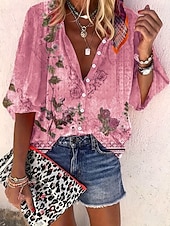 Недорогие Цветочные блузки-Жен. Рубашка С принтом Омбре Цветочный принт Графика Богемия Винтаж Повседневные Рукав 3/4 V-образный вырез Обычные топы Повседневные Праздники Одежда для пляжа