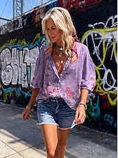 Недорогие Цветочные блузки-Жен. Рубашка С принтом Омбре Цветочный принт Графика Богемия Винтаж Повседневные Рукав 3/4 V-образный вырез Обычные топы Повседневные Праздники Одежда для пляжа