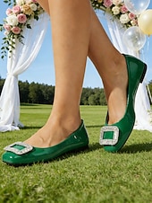 baratos Dama de honra-Sapatilhas femininas verde-esmeralda com fivela de cristal – sapatos elegantes para damas de honra em casamentos ao ar livre no jardim.