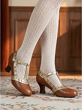 voordelige Jaren 1920 &amp; Gatsby-tijdperk-Damespumps uit de jaren 1920 in vintage T-bandstijl - elegant wit &amp;Gouden Gatsby-hakken met geschulpte metallic rand voor feestjes in de stijl van de Roaring Twenties en flapper-kostuums. &amp;retro