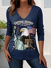  День независимости США Жен. Футболка С принтом Графика Американский флаг Винтаж Стиль На каждый день Длинный рукав V-образный вырез Обычные топы Повседневные выходные Синий Белый Темно синий