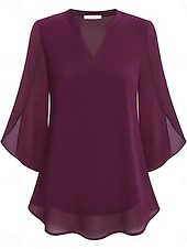 cheap Plain Blouses-Women's Blouse Solid Color Elegant Stylish Casual 3/4 Length Sleeve V Neck Regular Tops Daily Pink Wine Red Royal Blue Green Summer Spring