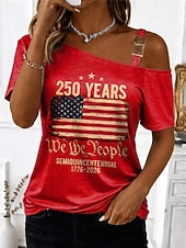  T-shirt Femme Patriote Journée de l'Indépendance Anniversaire Américain Imprimé Graphique Drapeau Américain Vintage Fashion Élégant À Manches Courtes Une Épaule Hauts Quotidiens
