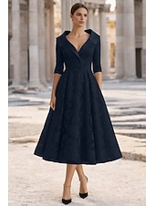 Недорогие Длина чая-А-силуэт Ниже колена Платье для вечеринки Коктейльные платья Свадебное платье для гостей Платье для матери невесты Рукав 3/4 Рубашечный воротник Элегантный стиль Винтаж