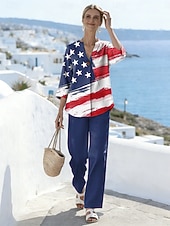  Set di due pezzi patriottico da donna per il Giorno dell'Indipendenza pantaloni bolero top maniche 3/4 colletto a V grafica stampa quotidiana elegante casual vacanza blu bianco rosso estate