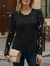 preiswerte Spitzenoberteile-Damen Hemd Bluse Spitzentops Spitze Einfach Stilvoll Modern Lässig Langarm Rundhalsausschnitt Normale Oberteile Täglich Ausgehen Blau Schwarz Weiß Rosa Wein Frühling Herbst