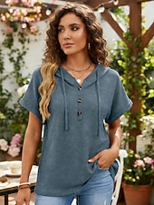 Недорогие Простая футболка-Жен. Летние вершины Сплошной цвет Элегантный стиль Винтаж Симпатичные Стиль С короткими рукавами Капюшон Обычные топы Повседневные Синий Черный Розовый Лиловый Бежевый Лето Весна Осень