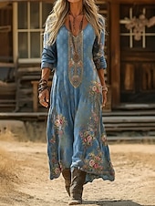 Damen Maxikleid Boho-Kleid Vintage-Kleid Freizeitkleid Vintage Täglich Outdoor Urlaub Lässiger Schnitt Blumen Langarm V Ausschnitt Blau Hellgrün Marineblau Dunkelgrün Frühling Herbst