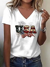 Χαμηλού Κόστους Ημέρα Ανεξαρτησίας Κορυφή-Ημέρα Αμερικανικής Ανεξαρτησίας Γυναικεία Μπλουζάκι Στάμπα Γραφική Σημαία Βίντατζ Στυλάτο Κλασσικό Κοντομάνικο Λαιμόκοψη V Κανονικά μπλουζάκια Καθημερινά Θαλασσί Μαύρο Λευκό Ρουμπίνι Καλοκαίρι Άνοιξη