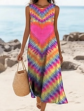  Women's Midi Dress Faux Cotton Linen Shift Dress Sundress Casual Dress Vintage Daily Outdoor Beach Regular Fit Heart Color Block Sleeveless Crew Neck Fuchsia Summer Spring