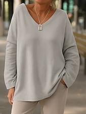 cheap Plain Blouses-Women's Blouse Solid Color Stylish Casual Long Sleeve V Neck Regular Tops Daily Blue Yellow Pink Gray Spring Fall