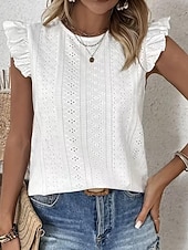 お買い得  プレーンTシャツ-女性用 アイレット刺繍 T シャツ ラッフル 切り抜き カーテンホルダーが含まれています。 純色 エレガント ヴィンテージ スタイリッシュ 半袖 キャップ クルーネック レギュラートップス 日常 お出かけ ホワイト ピンク ワイン ライトブルー 夏 春