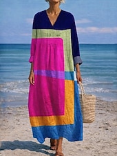 cheap Vacation Dresses-Women's Midi Dress V Neck Long Sleeve Kaftan Lightweight Loose Fit A Line Dress Casual Boho Going out Graphic Geometric Stripe Long Sleeve V Neck Orange red Black Yellow Pink