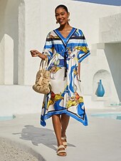 preiswerte Blumenkleider-Ozeanblauer Orchideen-Seidensatin-Kaftan