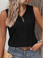 cheap Plain tee-Women's Tee Eyelet top Buttons Solid Color Elegant Vintage Stylish Sleeveless V Neck Regular Tops Daily Going out Vacation Wear Black White Yellow Dusty Rose Sky Blue Summer Spring