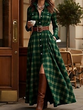 preiswerte Streifen- und geometrisches Kleid-Damen Maxikleid Shiftkleid Urlaub Lässig Boho Täglich Normale Passform Karomuster Langarm Hemdkragen Blau Gelb Rosa Rote Frühling Herbst Winter