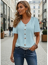 olcso Csipkés felsők-Női Pointelle ing Fűzőlyuk felső Gombok Napi Rövid ujjú V-alakú Normál felsők Hétköznapi Napi Tengerpart Hamvaszöld Fekete Fehér Arcpír rózsaszín Égszínkék Nyár