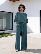economico Imposta-Completo pantaloni da donna in lino al 15%, completo in lino, tinta unita, tasca, elastico in vita, t-shirt, pantalone, casual, a maniche lunghe, girocollo, blu, nero, bianco, blu navy, marrone chiaro, estate, primavera