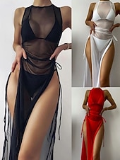 رخيصةأون طقم بيكيني مكون من 3 قطع-نسائي ملابس السباحة ثلاث قطع ملابس السباحة مكشكش بدون ظهر العطلة ملابس الشاطئ سهل الرقبة الرسن بدون كم بدلة سباحة