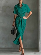 cheap Plain Dress-Women's Midi Dress A Line Dress Summer Dress Vacation Casual Regular Fit Plain Short Sleeve V Neck Blue Pink Red Green Summer Spring