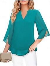 cheap Plain Blouses-Women's Blouse Solid Color Elegant Stylish Casual 3/4 Length Sleeve V Neck Regular Tops Daily Pink Wine Red Royal Blue Green Summer Spring