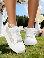 preiswerte Braut-Weiße Plateau-Sneaker mit Spitze für Damen – romantische Brautschuhe für Gartenhochzeiten im Freien