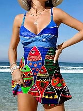 お買い得  タンキニ-女性用 スイムウェア ワンピース スカート 水着 ニット エレガント 旅行度假风 グラフィック 幾何学模様 Ｖネック ノースリーブ 水着