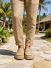 ieftine Bărbați-Espadrile slip-on bej pentru bărbați, cu partea superioară confortabilă și respirabilă, talpă din iută, potrivite pentru activități în aer liber, de resort, plajă și agrement