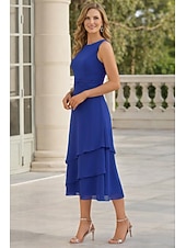 economico Set di abiti per la mamma-Tubino Colonna Lunghezza Tè Abito da invitata a nozze Abito da cerimonia per signora Manica 3/4 Collo gioiello Elegante Ospite di nozze Chiffon Con Stola con Arricciatura