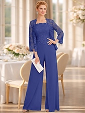 cheap Mom's Jumpsuits-Jumpsuit Pantsuit 3 Piece Floor Length Mother of the Bride Dress Sleeveless Square Neck Elegant Plus Size Formal Wedding Guest Chiffon Corded Lace Wrap Included with Lace Appliques