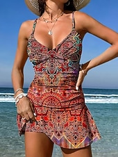 お買い得  タンキニ-女性用 スイムウェア ワンピース スカート 水着 エレガント 旅行度假风 グラフィック 幾何学模様 Ｖネック ノースリーブ 水着