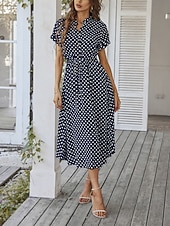 preiswerte Streifen- und geometrische Kleider-Damen Midikleid A Linie Kleid Urlaub Lässig Outdoor Ausgehen Normale Passform Tupfen Kurzarm Umlegekragen Blau Marineblau Weiß Rosa Sommer Frühling