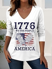  Футболка для женщин с патриотическим принтом ко Дню независимости графика американский флаг винтажный стиль повседневный длинный рукав V-образный вырез обычные топы повседневная носка выходные синий