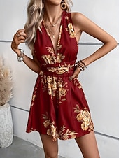 cheap Floral Dress-Women's Mini Dress A Line Dress Halter Dress Vacation Casual Outdoor Going out Regular Fit Floral Sleeveless V Neck Black Wine Navy Blue Dark Green Summer Spring