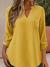 abordables Camisas de Lujo-Mujer Camisas de algodón y lino Tops de verano Blusa Tops elegantes Frunce Retazos Bolsillo Color sólido Plano Elegante Vintage damas Manga 3/4 Cuello Camisero Tops regulares Diario Trabajo Noche