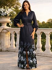  A-Line Floor Length Wedding Guest Dress Formal Dresses Evening Gown Mother of the Bride Dress Short Sleeve V Neck Elegant Vintage Wedding Formal Satin with Floral Print