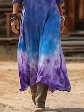 baratos Vestido Boho Étnico-Mulheres Vestido maxi longo Vestido Boho Vestido antigo Vestido casual Vintage Diário Ao ar livre Férias Normal Tintura Tie Dye Manga Longa Decote V Azul Primavera Outono