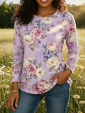 お買い得  花柄のブラウス-女性用 ボヘミアンシャツ Tシャツ プリント フラワー グラフィック ボヘミア ヴィンテージ クラシック 長袖 クルーネック レギュラートップス 日常 週末 バケーションウェア パープル 夏 春 秋