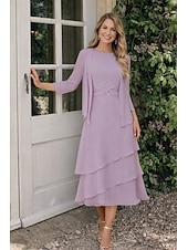 economico Set di abiti per la mamma-Tubino Colonna Lunghezza Tè Abito da invitata a nozze Abito da cerimonia per signora Manica 3/4 Collo gioiello Elegante Ospite di nozze Chiffon Con Stola con Arricciatura