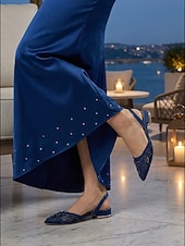 tanie Kobiety-damskie granatowe, siateczkowe, płaskie buty typu slingback, zdobione perłami, ze spiczastym noskiem, dla druhen na wesela w ogrodzie
