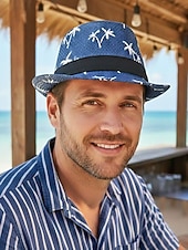 abordables Accesorios de vacaciones-Sombrero fedora de paja para hombre con estampado de palmeras, ligero y transpirable, tejido para verano, disponible en varios colores, estilo informal de resort para vacaciones en la playa en primavera y uso diario.